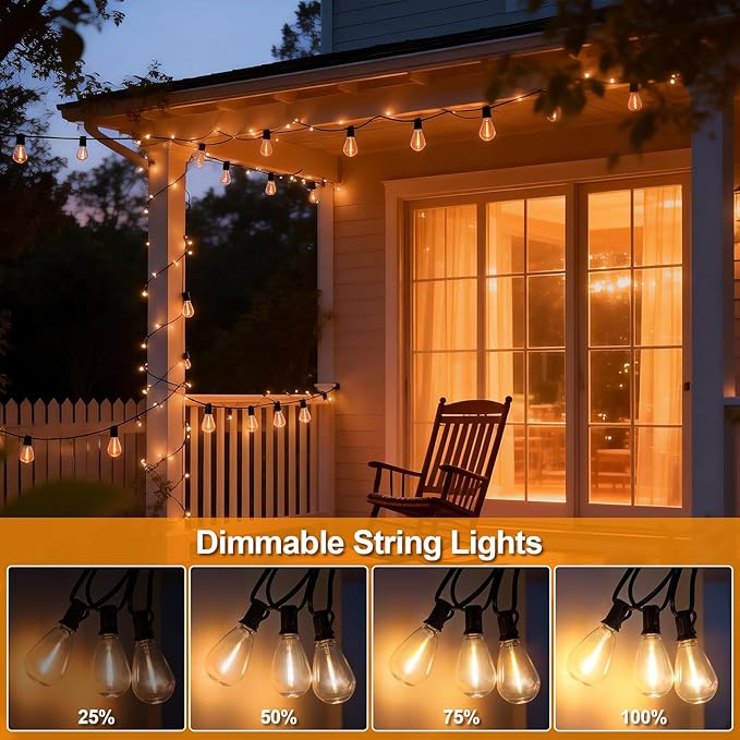 50FT Outdoor String Lights, 15m Waterproof Remote LED Patio Lights with 19+1 S11 Bulbs 10FT Extension Cable, Dimmable Outside Hanging Lights for House, Porch,Yard,Garden,Bistro, Gazebo lighting