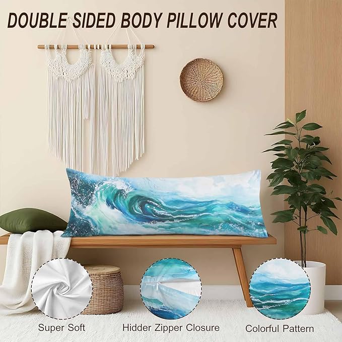 Couch Body Pillow Cover Ocean Wave Bedding Body Pillow Case for Men Women, Watercolor Sea Waves Blue Oblong Pillow Covers Throw Cushion Cases for Home Sofa Livingroom 20"X 54"
