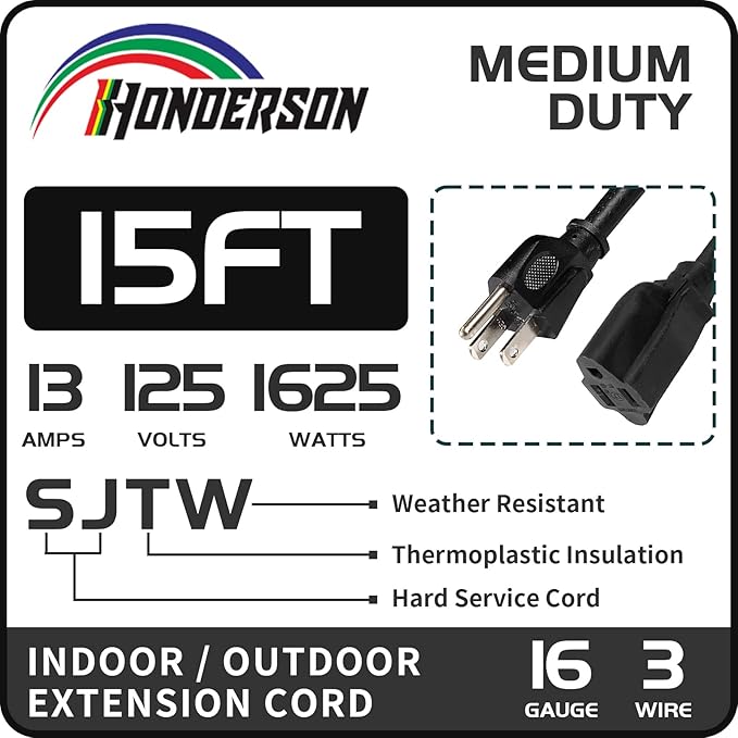 15FT Outdoor Extension Cord-16/3 SJTW Durable Black Extension Cable with 3 Prong Grounded Plug for Safety,Great for Outside Christmas Decorations