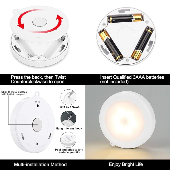 Mlambert 4 Pack Motion Sensor LED Night Light, Cordless Battery-Powered Stick-on Magnet Closet Lights, Safe Lighting for Stairs, Cabinet, Warm White