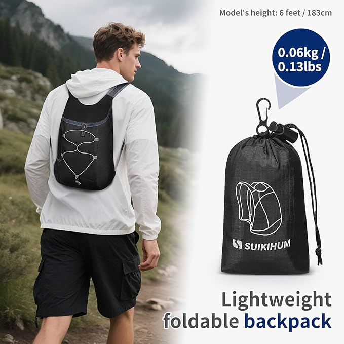 20L Hiking-Daypack Lightweight Foldable Travel Packable Backpack for Camping Cycling Outdoor, Black