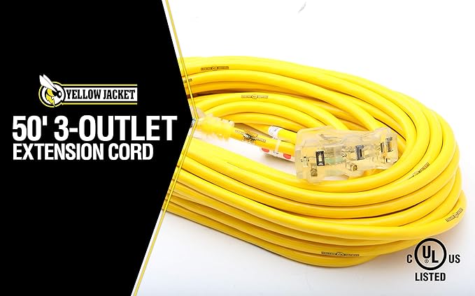 Southwire Outdoor Extension Cord - Power Light Indicator Cable for Heavy Duty Tools - SJTW - 12 Gauge - Water Resistant - High Visibility - Yellow - 50 Foot