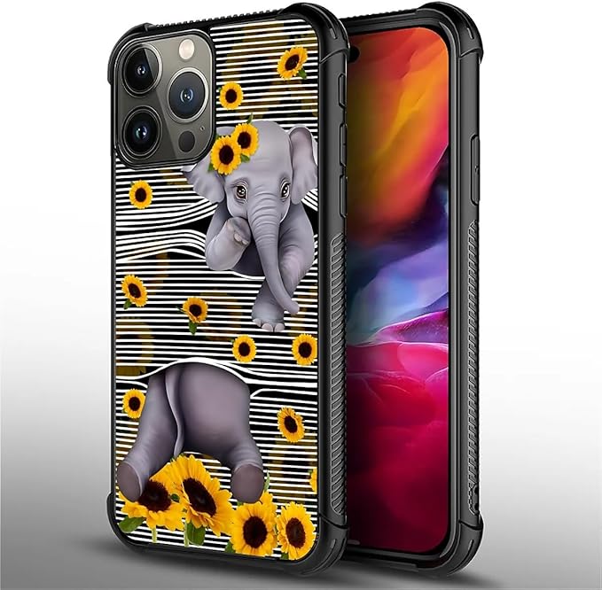 for iPhone 15 Pro Case, Cute Little Elephant Sunflower White Line Art Pattern Graphic Design Girl Boy Soft Silicone Hard Acrylic Shock Protection for iPhone 15 Pro