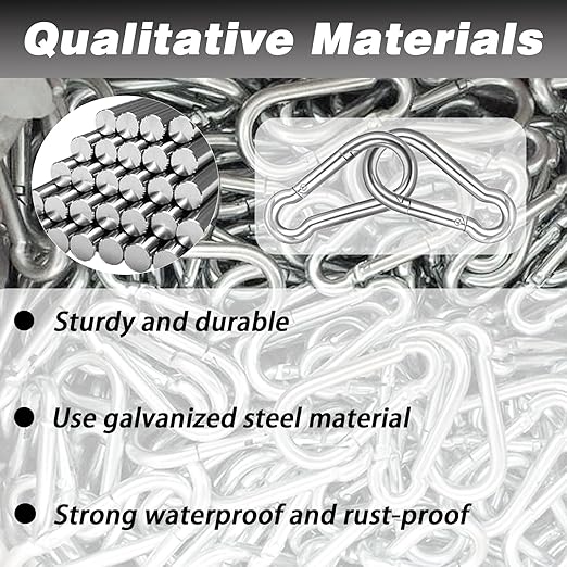 200PCS 2.36'' Spring Snap Hook, M6 1/4Inch Galvanized Silver Steel Carabiner Clip, Small Carabiner Clip 260LBS Holding Capacity Quick Link Keychain for Hammock Dog Leash & Camping Gym