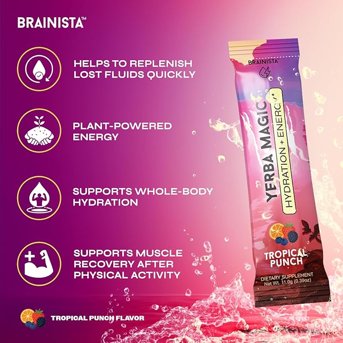 Yerba Magic Hydration + Energy - Tropical Punch with Electrolytes, Yerba Mate Caffeine, Amino Acids, Sea Moss & Coconut Water for Hydration, Muscle Recovery & Clean Energy - Zero Sugar (20 Stick Packs)