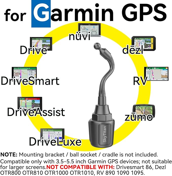 SkyTitanfor Garmin GPS Car Mount Cup Holder Replacement 17mm Ball Mount with Adjustable Long Arm fit 3.5-5.5 Inches Garmin GPS Nuvi Drive Dezl