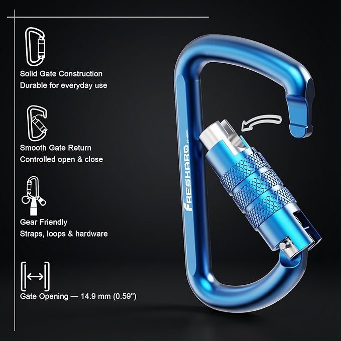 FresKaro 3inch 12kN-2698lbs Auto Locking Carabiner Clips, Solid D Shape, Heavy Duty 7075 Aluminum, Lightweight 1.09oz, Rust Proof, for Hammock, Hiking, Dog Leash, Keychain etc., Multi-Colors