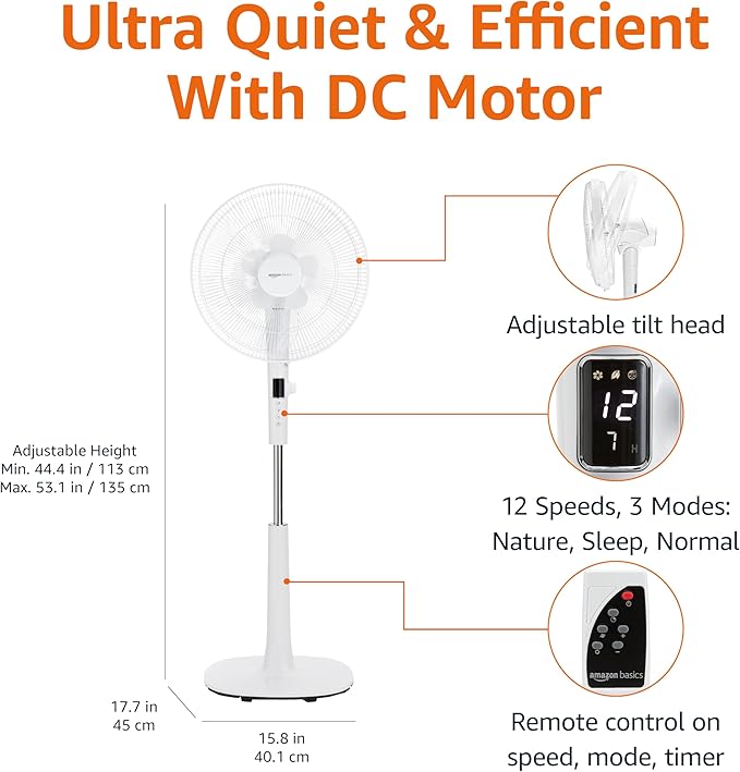 Amazon Basics 16" DC Motor Standing Floor Fan, 12 Speed with Remote, 3 Breeze Modes, Dual-Layered Blades (10 Blades), Timer, Energy Efficiency and Quiet DC Motor (28W), White