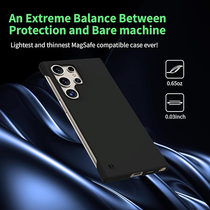 GRECAZO Slim Borderless for Samsung Galaxy S25 Ultra Phone Case 6.9"(2025) Ultra-Thin Lightweight Frameless Matte Hard PC Cover Case with Pull Ring Minimalist Non Slip Rope-Black