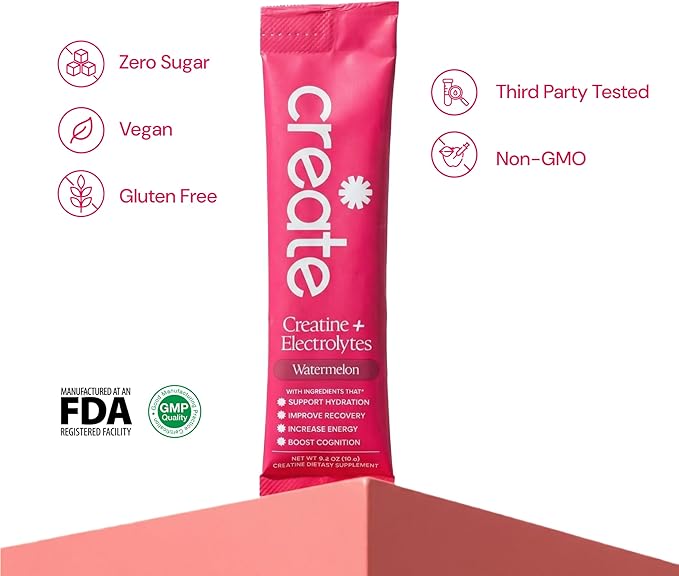 Create Creatine + Electrolytes Mix - Creatine Monohydrate Stick Packs, Supports Energy and Hydration, NSF Certified for Sport, 30 Count, Watermelon