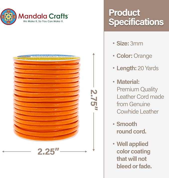 Mandala Crafts Round Genuine Orange Leather Cord for Jewelry Making – 3mm Cowhide Leather Rope String Lace for Kumihimo – 20 Yards Cowhide Craft Cording Spool
