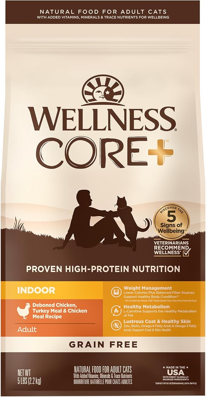 Wellness CORE+ Adult Dry Cat Food for Indoor Cats, Natural, Grain Free Kibble, Chicken, Turkey and Chicken Meal Recipe, 5 lb Bag