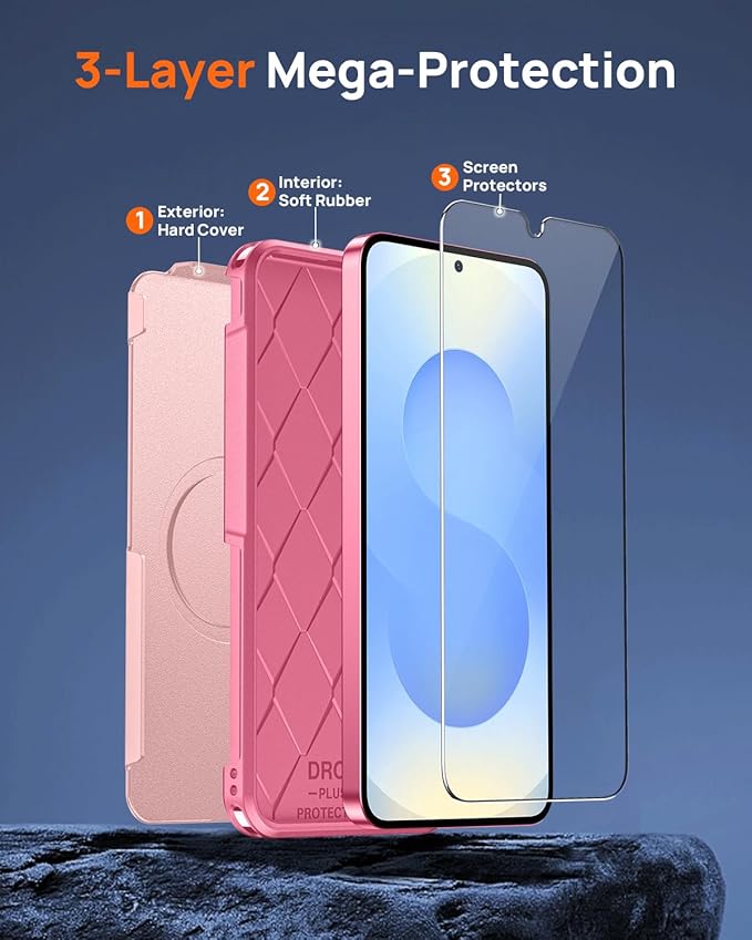 Lanhiem for Samsung Galaxy S25 S24 Phone Case with Tempered Glass Screen Protector, Shock Absorption, Anti-Scratch Shockproof Case Cover for Samsung S25 S24, Pink