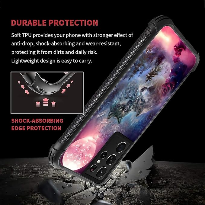 for Samsung Galaxy S21 Ultra Case, Star Two Wolfs Howling Pattern Graphic Design Girl Boy Soft Silicone Hard Acrylic Shock Protection for Samsung Galaxy S21 Ultra