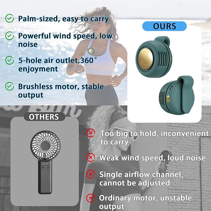 Portable Clip-On Fan, Mini USB Rechargeable 360° Rotatable Fan, 3-Speed Silent Mini Bladeless Fans (Green and Green)