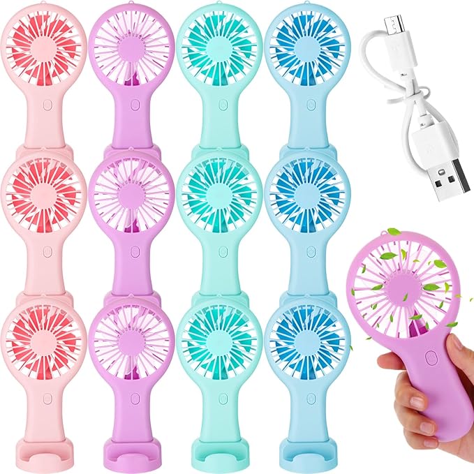 Woanger 12 Pcs Mini Handheld Fan Bulk 3 Speed USB Electric Battery Operated Small Portable Pocket Fan with Data Cable and Mounting Base Quiet Summer Gift for Wedding Travel(Pink Blue Green Purple)