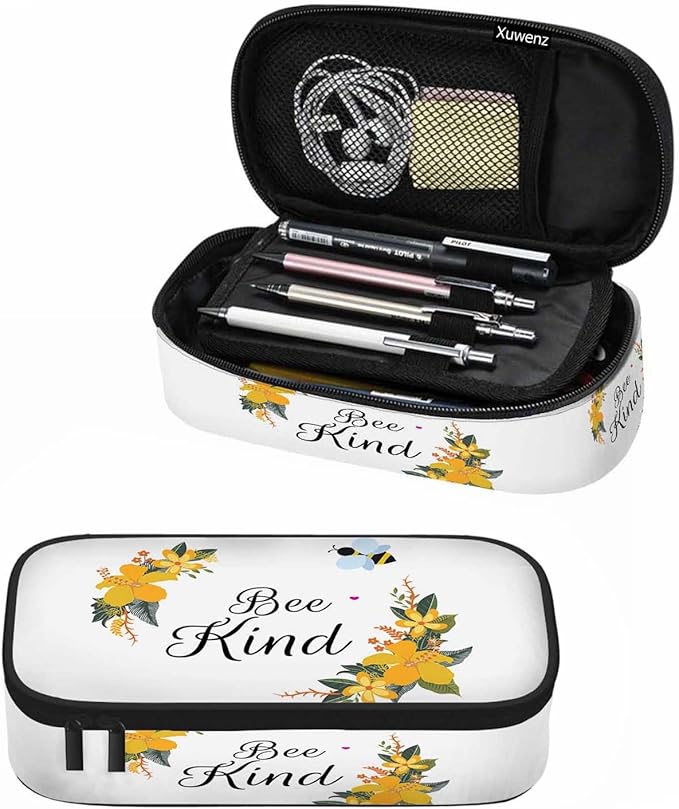 Bee Pencil Case Cute Bee Kind Yellow Flower Bunches Pencil Bag Pen Markers Pouch Holder Organizer for Boy Girl School Students