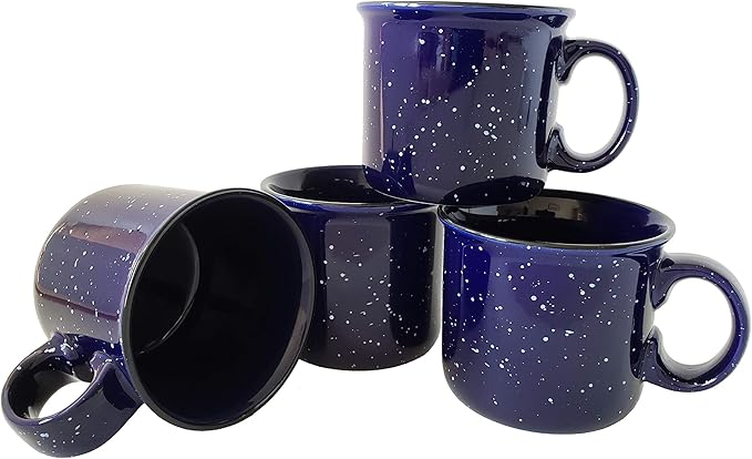 14oz Ceramic Campfire Coffee Mug (Set of 4), Blue with Speckled Finish - Durable Thick Walled Camping Style Cup for Outdoors or Home
