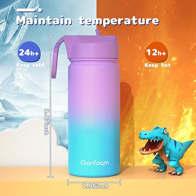 Kids Water Bottle, 16oz Water Bottles with Straw and Stickers, Stainless Steel Vacuum Double Wall Insulated cup, Kids Water Bottle for School, Gifts for Girls(Purple and Blue)