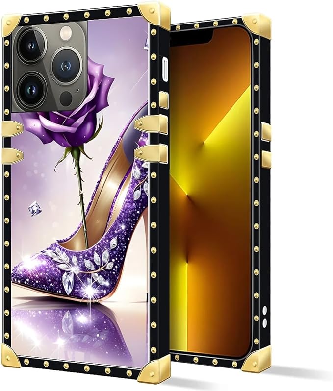 Compatible with iPhone 13 Pro Max Case, High Heeled Purple Diamond Rose Luxury Golden Decoration for Girl Women Soft TPU Shockproof Protective Hard PC Back for iPhone 13 Pro Max