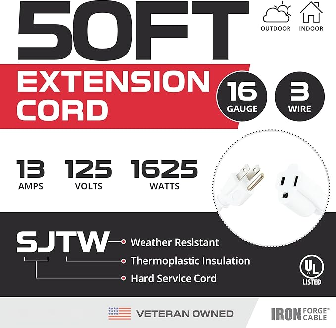 Iron Forge Cable Weatherproof 50 Ft Outdoor Extension Cord - 16/3 SJTW Heavy Duty White Extension Cord 3 Prong - 13 Amp Exterior Power Cable