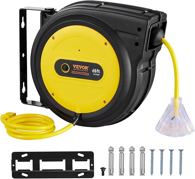 VEVOR Retractable Extension Cord Reel, 65 FT, Heavy Duty 12AWG/3C SJTOW Retractable Power Cord with Lighted Triple Tap Outlet, 15 Amp Circuit Breaker 180° Swivel Bracket for Ceiling or Wall Mount