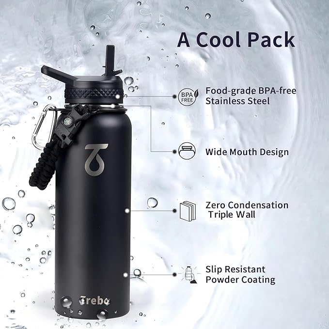 Trebo 40oz Water Bottle Insulated with Lid and Straw,Triple Wall Vacuum Stainless Steel Metal Tumbler Sports Flask with Paracord Handle, Keep Hot 24 Hours & Cold 48 Hours Water Jug with 3 Lids, Black