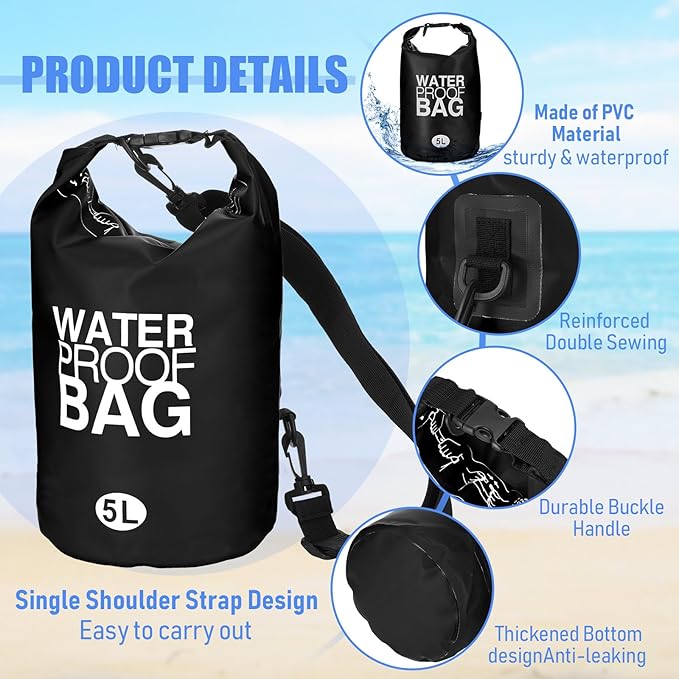 Jexine 10 Pack Dry Bag Waterproof, 5L Ultralight Dry Sacks Roll Top Storage Bag Backpack Camping Portable Outdoor Bags Keep Gear for Backpacking Kayaking Hiking Swimming Fishing Boating (Black)