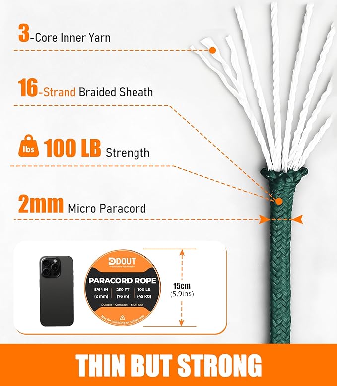 DDOUT 2mm Paracord 100lb, Thin Micro Paracord Rope, DKGreen 250FT Nylon Cord for Crafting, DIY Projects, Fishing, Camping & Outdoor