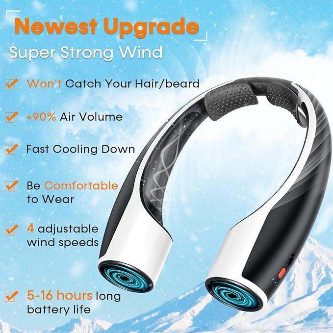 Rohent 2-Pack Hands-Free Neck Fan - 4000mAh USB-C Rechargeable with Turbo Cooling Ultra-Quiet 4 Speeds 360° Airflow for Travel Outdoors (Black)