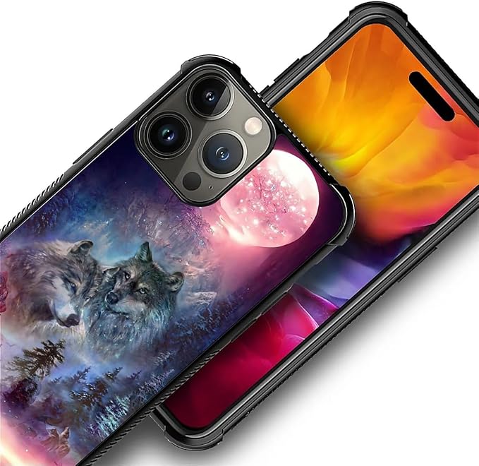 for iPhone 15 Pro Max Case, Star Two Wolfs Howling Pattern Graphic Design Girl Boy Soft Silicone Hard Acrylic Shock Protection for iPhone 15 Pro Max
