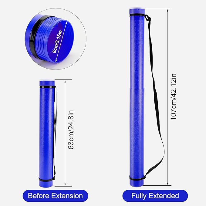DEWEL Poster Tube, Waterproof Poster Holder Plastic Expandable Poster/Art/Document Storage Tube 24.5" to 40", Adjustable Poster Storage Blueprint Holder with Carrying Strap (Dark Blue-Large Size)