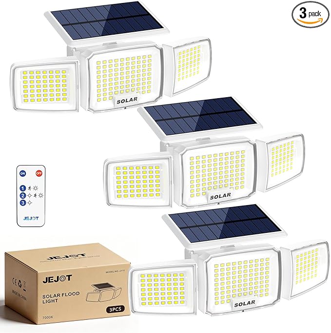 White Solar Security Light Outdoor Super Bright LED, Motion Sensor Solar Flood Light, 3 Heads 270° Wide Angle,Remote Control, IP65 Waterproof, 3 Modes (3 Packs)