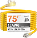 12AWG 75 FT Heavy Duty Outdoor Extension Cord Waterproof with Lighted End,12 Gauge Extension Cord Flexible and Cold Resistant 3 Prong Grounded Plug,15Amp 1875W Yellow SJTW ETL Listed
