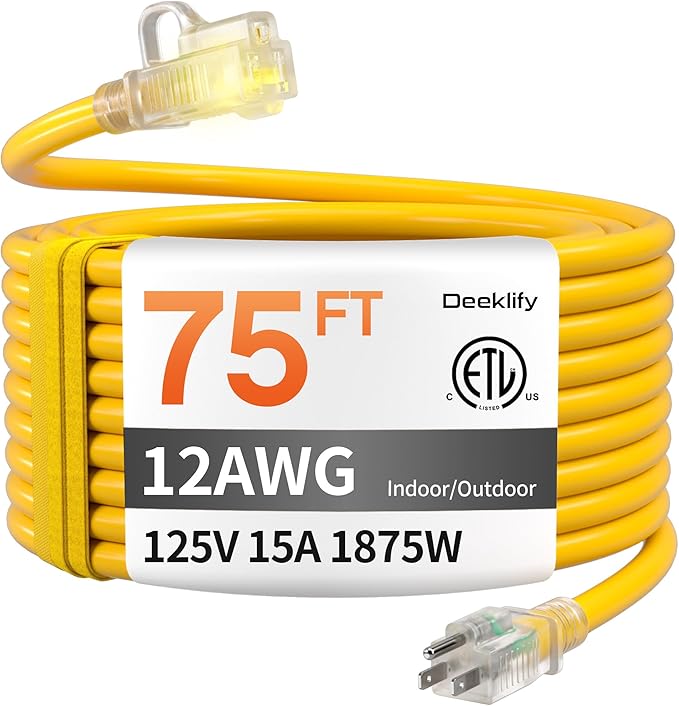 12AWG 75 FT Heavy Duty Outdoor Extension Cord Waterproof with Lighted End,12 Gauge Extension Cord Flexible and Cold Resistant 3 Prong Grounded Plug,15Amp 1875W Yellow SJTW ETL Listed