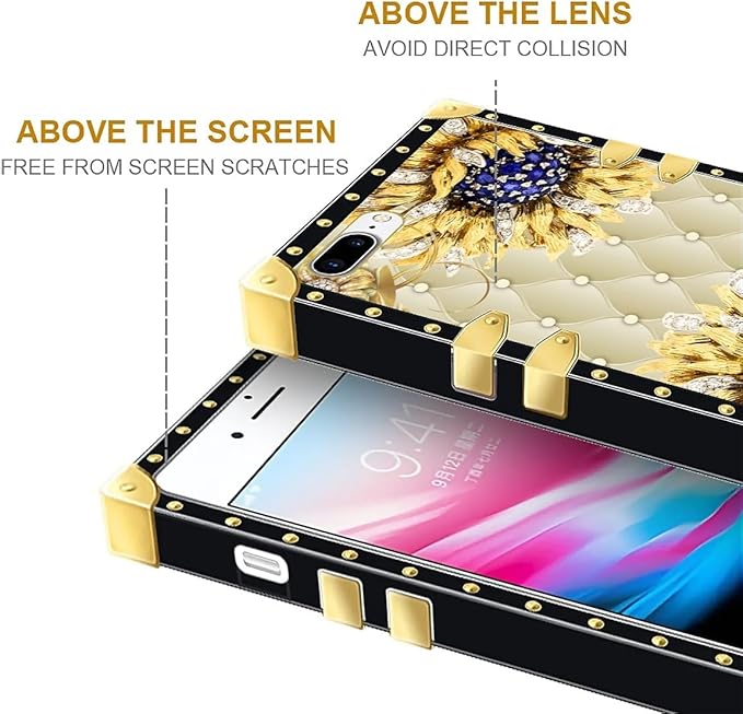 Compatible with iPhone 8 7 SE Case, Sunflower Diamonds Leather Luxury Golden Decoration for Girl Women Soft TPU Shockproof Protective Hard PC Back for iPhone 8 7 SE