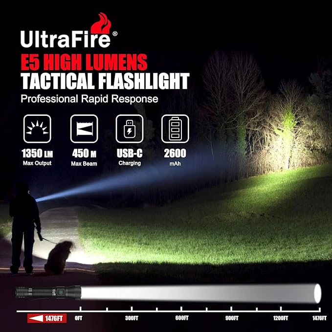 ULTRAFIRE Tactical EDC Flashlight with Holster,1350 High Lumens Rechargeable Police Flashlight with Belt Holder,Zoomable LED Flashlights for Emergency,Law Enforcement Torch E5