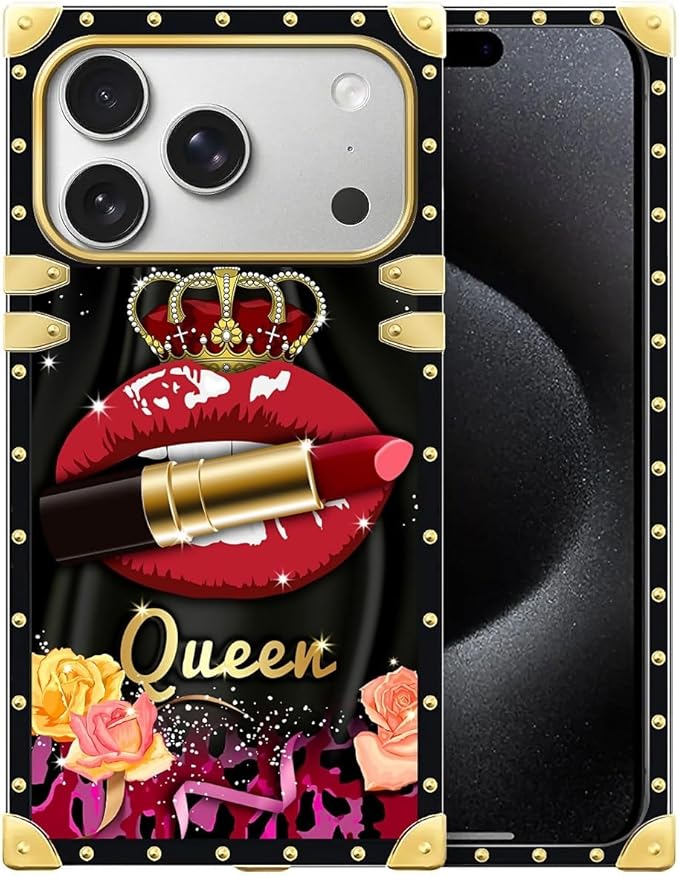 for iPhone 17 Pro Max Case Luxury Golden Decoration for Girl Women Soft TPU Shockproof Protective Hard PC Back for iPhone 17 Pro Max Crazy Pattern Queen Lip Crown Leopard Print