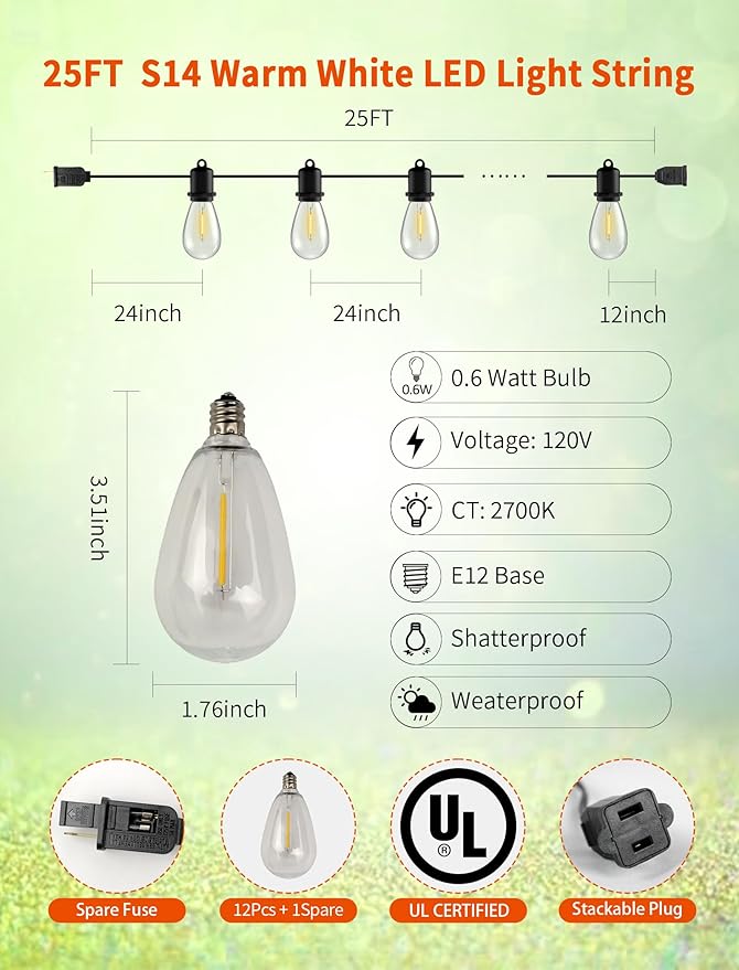25FT LED Outdoor String Lights - 12+1 Shatterproof Vintage Edison Bulbs | IP44 Weatherproof | Plug in Cafe Patio Lights for Balcony, Porch, Deck & Cozy Bistro Ambiance (2700K Warm White)