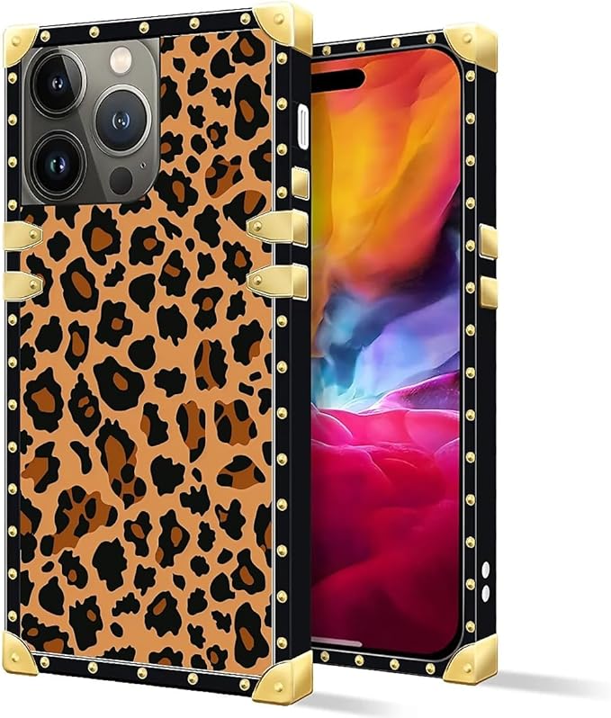 Compatible with iPhone 15 Pro Max Case, Brown Leopard Texture Luxury Golden Decoration for Girl Women Soft TPU Shockproof Protective Hard PC Back for iPhone 15 Pro Max