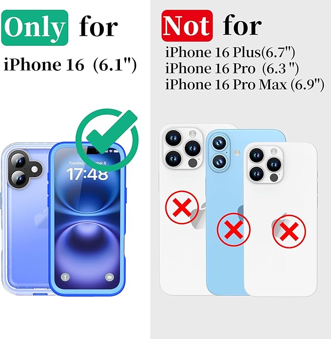Cozycase for iPhone 16 Case Waterproof - 360 Heavy Duty with Screen/Camera Protector Shockproof IP68 Underwater Dustproof Water Dust Shock Proof Full Body/Front and Back Case Blue/Frosted Clear