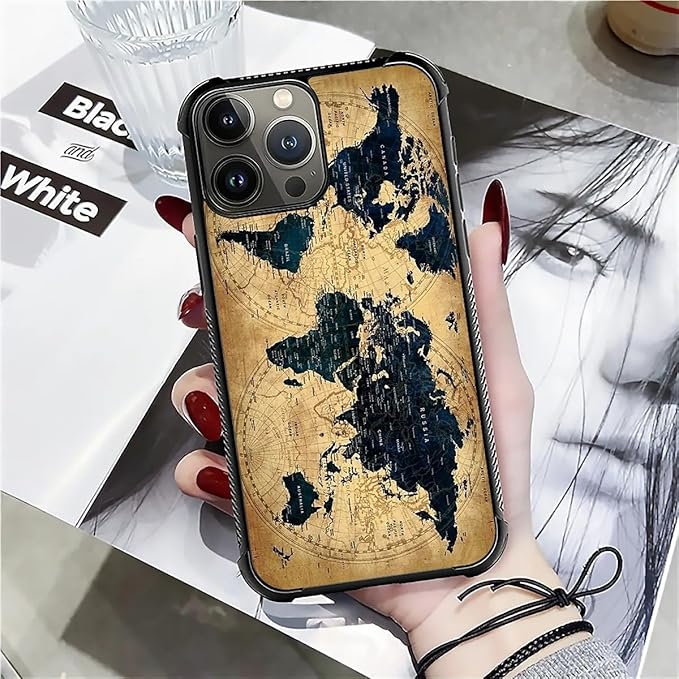 for iPhone 16 Pro Max Case, Brown World Map Pattern Graphic Design Girl Boy Soft Silicone Hard Acrylic Shock Protection for iPhone 16 Pro Max