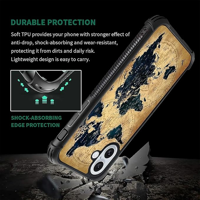 for iPhone 16 Plus Case, Brown World Map Pattern Graphic Design Girl Boy Soft Silicone Hard Acrylic Shock Protection for iPhone 16 Plus