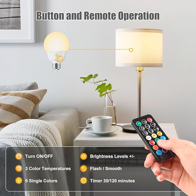 Brightown E26 Rechargeable Light Bulb with Remote and Timer, Battery Backup Bulb for Sconces and Lamps, E26 Detachable Charging for Non-Hardwired Fixture, 3 Color Temperatures + 9 RGB Colors, 4 Pack
