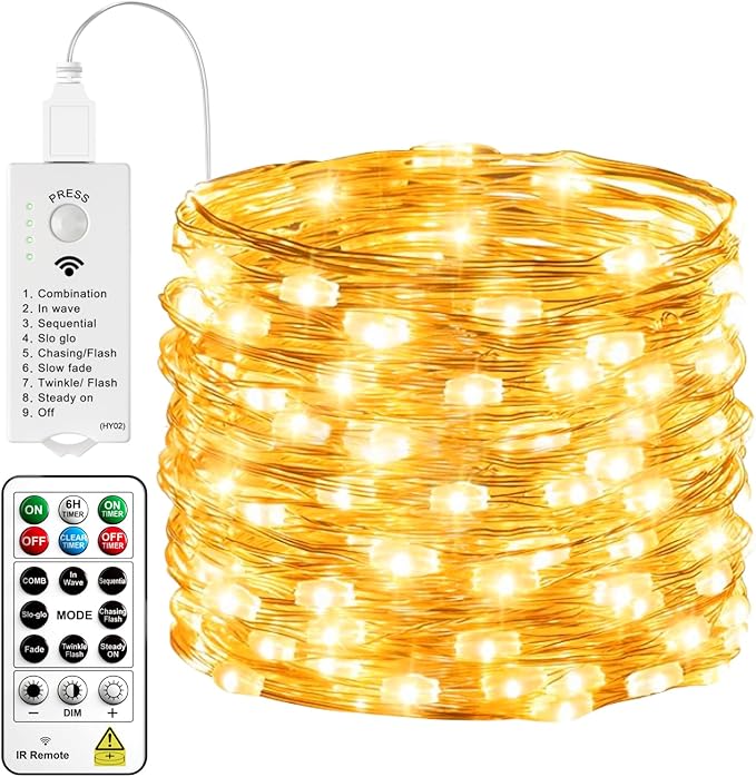HXWEIYE Fairy Lights Battery Operated (Included) with DIY Timer & Remote，33ft 100LED Rechargeable Twinkle String Lights, 8 Modes Decor Light for Bedroom Indoor Wedding Dorm Christmas Tree(Warm White)