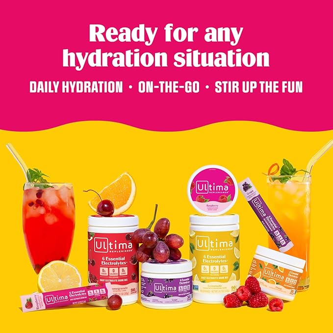 Ultima Replenisher Daily Electrolyte Powder – Cherry Pomegranate, 20 Stickpacks – Zero Sugar Hydration Packets with 6 Electrolytes and Minerals – Sugar Free, Plant Based & Keto Friendly Drink Mix
