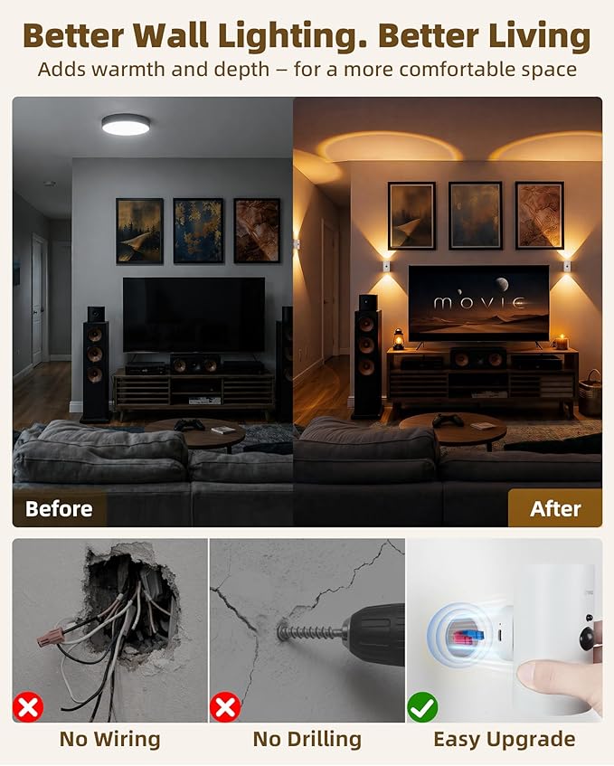 EZVALO Motion Sensor Wall Sconces, Battery Operated Wall Lights with 4000mAh Rechargeable Battery, 3 CCT & 12 RGB Remote LED Lights for Hallway, Stairway (White, 2 Pack)
