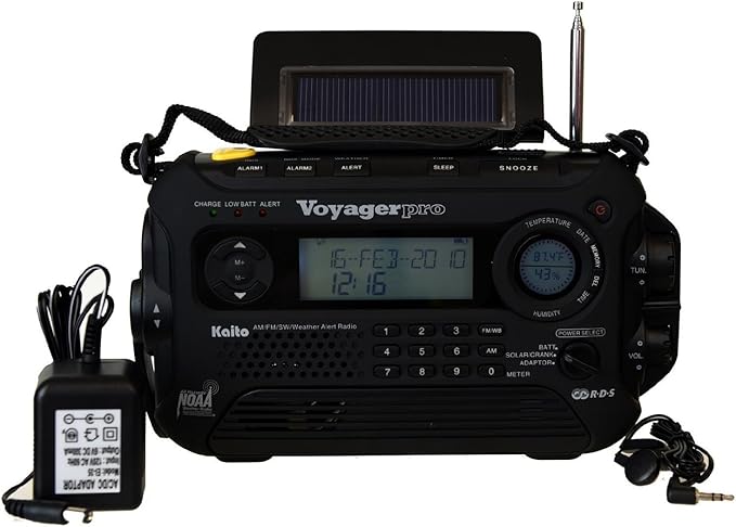 Kaito Voyager Pro KA600 Digital Solar Dynamo Hand Crank AM/FM/LW/SW & NOAA Weather Emergency Radio with Flashlight, Reading Lamp,Smart Phone Charger & RDS and Real-Time Alert, with AC Adapter, Black