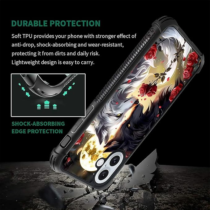 for iPhone 16 Case, Black White Wolf Moon Flower Rose Pattern Graphic Design Girl Boy Soft Silicone Hard Acrylic Shock Protection for iPhone 16