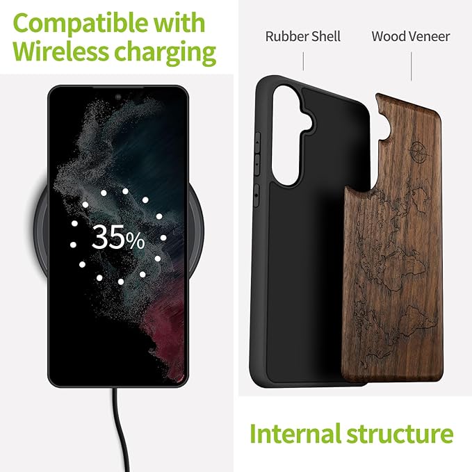 Carveit Wood Case for Galaxy S24 Plus Case [Natural Wood & Black Soft TPU] Shockproof Protective Cover Unique Wooden Design Compatible with S24 Plus (Compass Maps-Walnut)